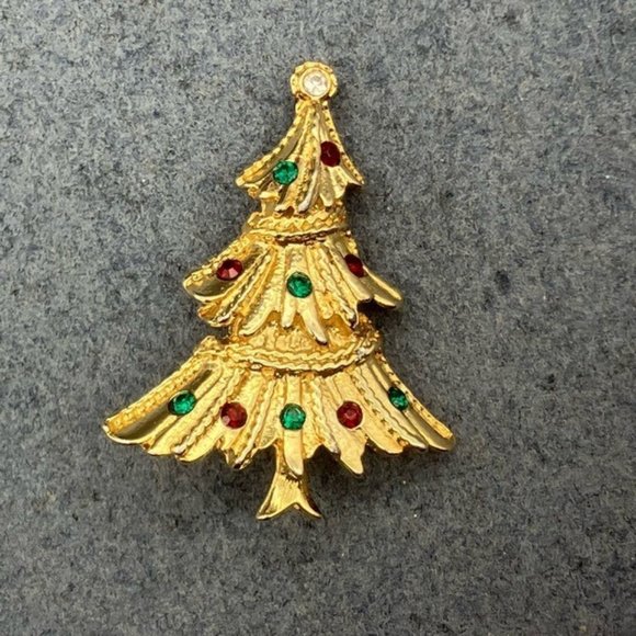 Christmas Pin Brooch Tree Gold Detailed Rhinestone Topper Green Red Ornaments - Picture 2 of 8